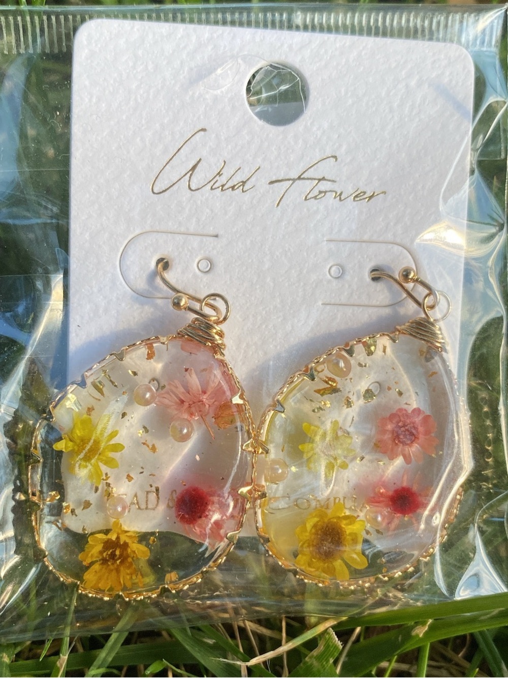 Wildflowers Clear Resin Teardrop Earrings with Pink and Yellow Flowers